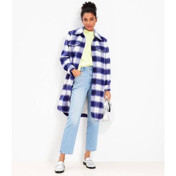 LOFT Blue and White Plaid Fuzzy Long Shacket Jacket Women's Size Large EUC - Picture 1 of 11